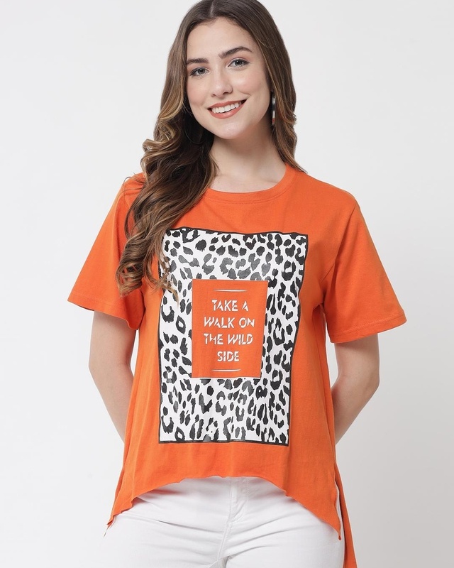 Shop Women's Orange Graphic Printed Loose Fit T-shirt-Front