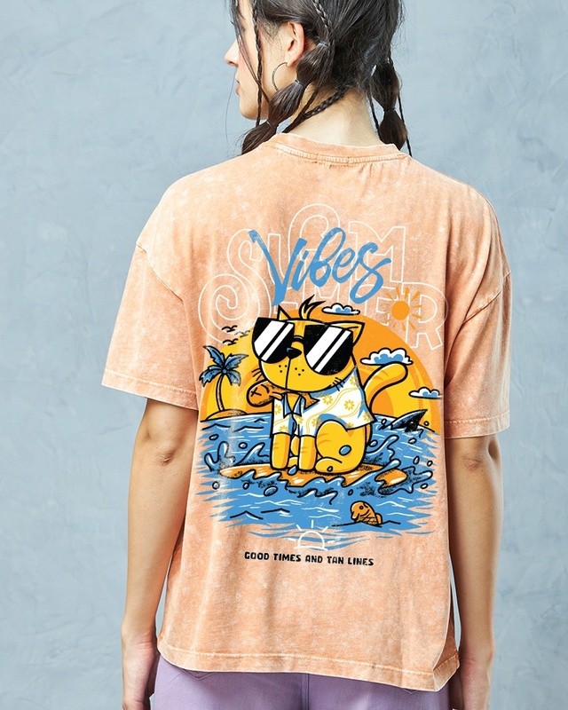 Shop Women's Orange Heat Waves Graphic Printed Oversized Acid Wash T-shirt-Front