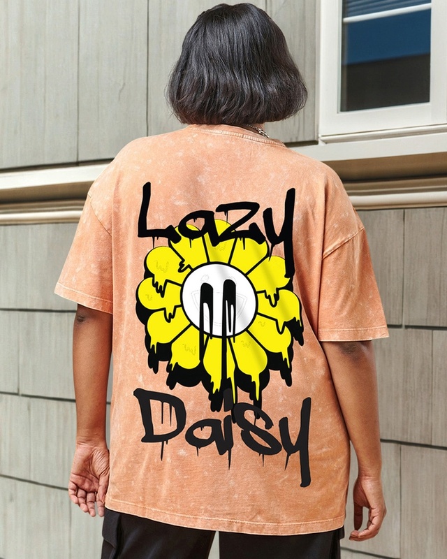 Shop Women's Orange Lazy Daisy Graphic Printed Oversized Plus Size Acid Wash T-shirt-Front