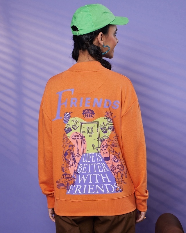 Shop Women's Orange Life Better Graphic Printed Oversized Sweatshirt-Front