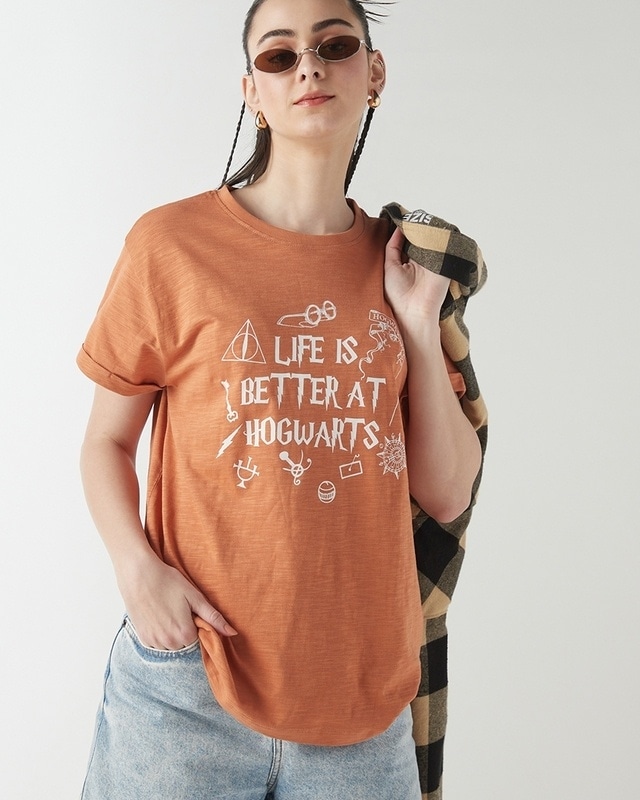 Shop Women's Orange Life is better at Hogwarts Graphic Printed Boyfriend T-shirt-Front