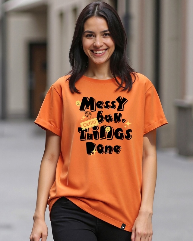 Shop Women's Orange Messy Bun Typography Boyfriend T-shirt-Front