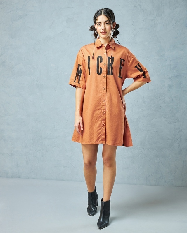Shop Women's Orange Mickey Graphic Printed Oversized Shirt Dress-Front