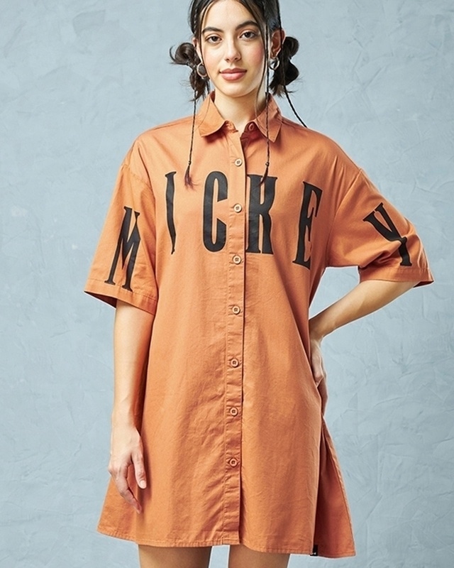 Shop Women's Orange Mickey Graphic Printed Oversized Shirt Dress-Front