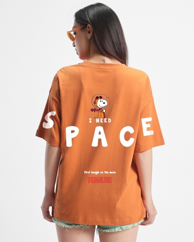 Shop Women's Orange Need Space Snoopy Graphic Printed Oversized T-shirt-Front