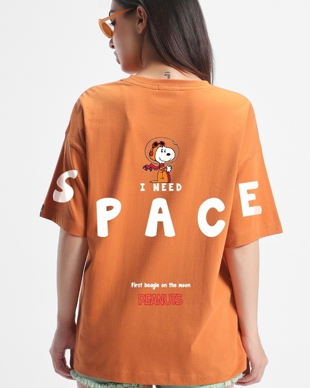 Shop Women's Orange Need Space Snoopy Graphic Printed Oversized T-shirt-Front
