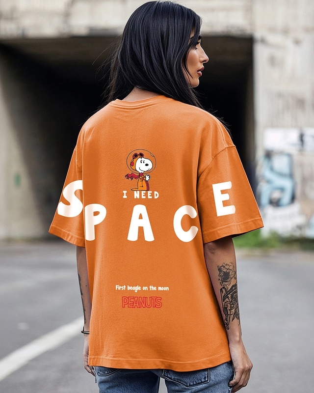 Shop Women's Orange Need Space Snoopy Graphic Printed Oversized T-shirt-Front