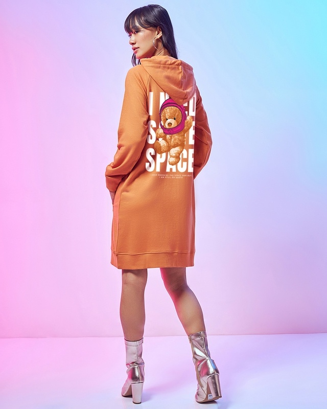Shop Women's Orange Need Space Teddy Graphic Printed Hoodie Dress-Front