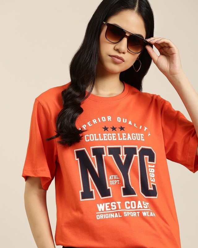 Shop Women's Orange NYC Typography Oversized T-shirt-Front