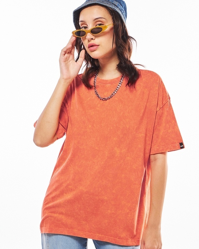 Shop Women's Orange Oversized Acid Wash T-shirt-Front