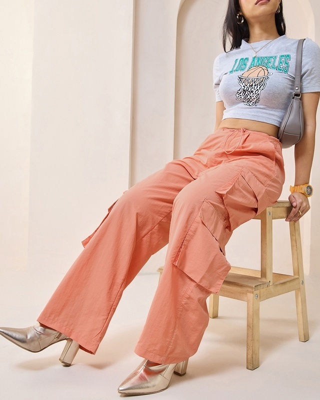 Shop Women's Orange Oversized Cargo Parachute Pants-Front