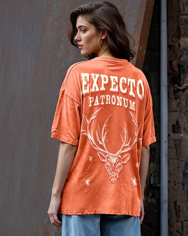Shop Women's Orange Patronum Graphic Printed Oversized Acid Wash T-shirt-Front