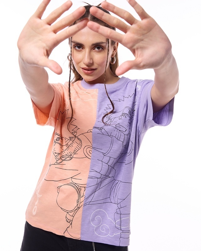 Shop Women's Orange & Purple Naruto Color Block Oversized T-shirt-Front