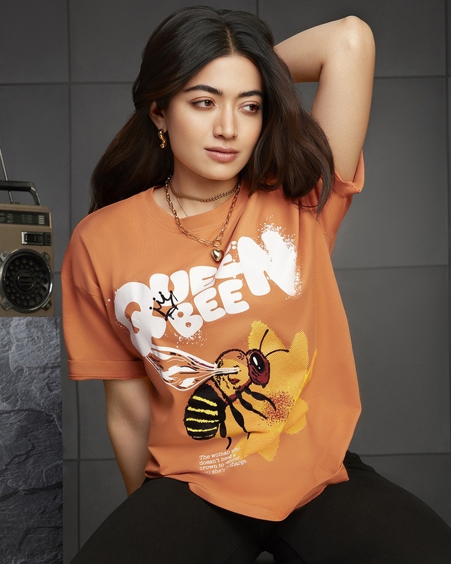 Shop Women's Orange Queen Bee Graphic Printed Oversized T-shirt-Front