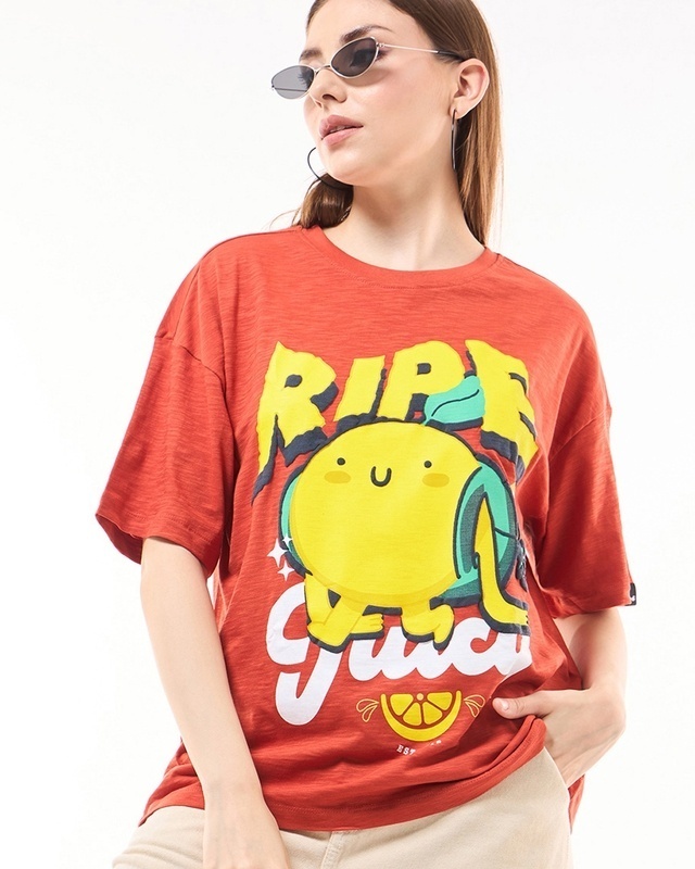 Shop Women's Orange Ripe and Juicy Graphic Printed Oversized T-shirt-Front