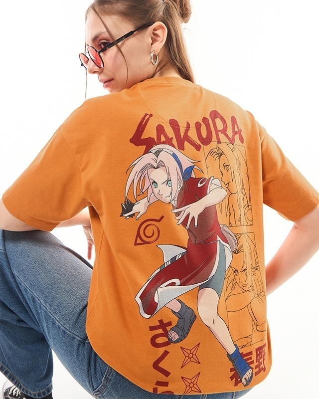 Shop Women's Orange Sakura Chan Graphic Printed Oversized T-shirt-Front