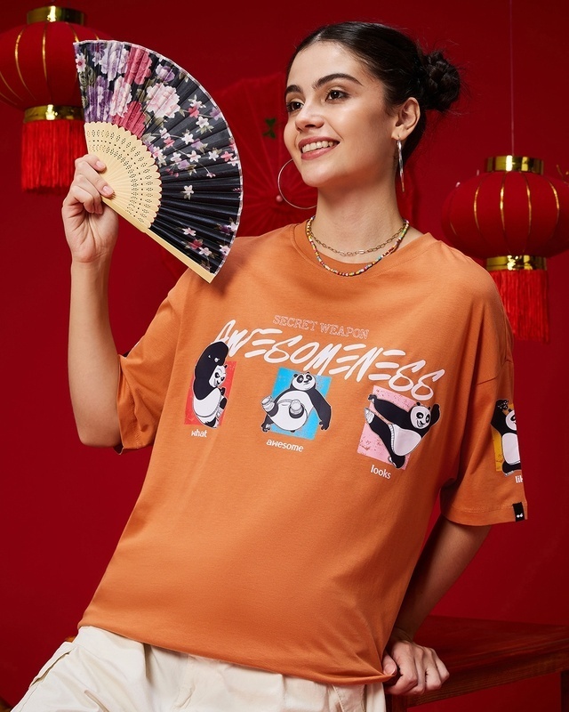 Shop Women's Orange Secret Weapon Graphic Printed Oversized T-shirt-Front