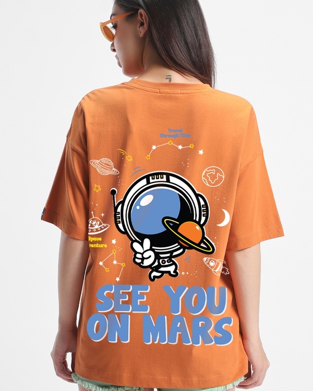 Shop Women's Orange Space Adventure Graphic Printed Oversized T-shirt-Front