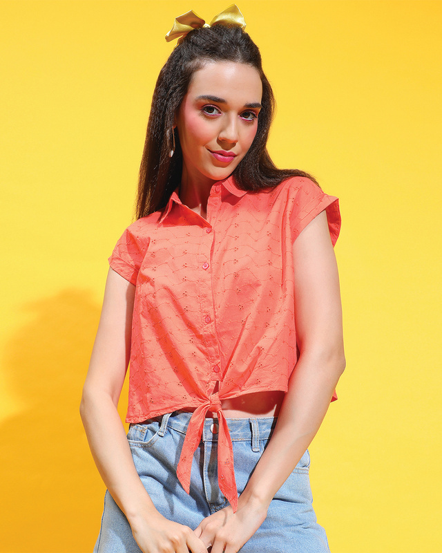 Shop Women's Orange Textured Crop Shirt-Front