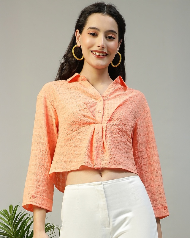 Women's Orange Textured Crop Shirt