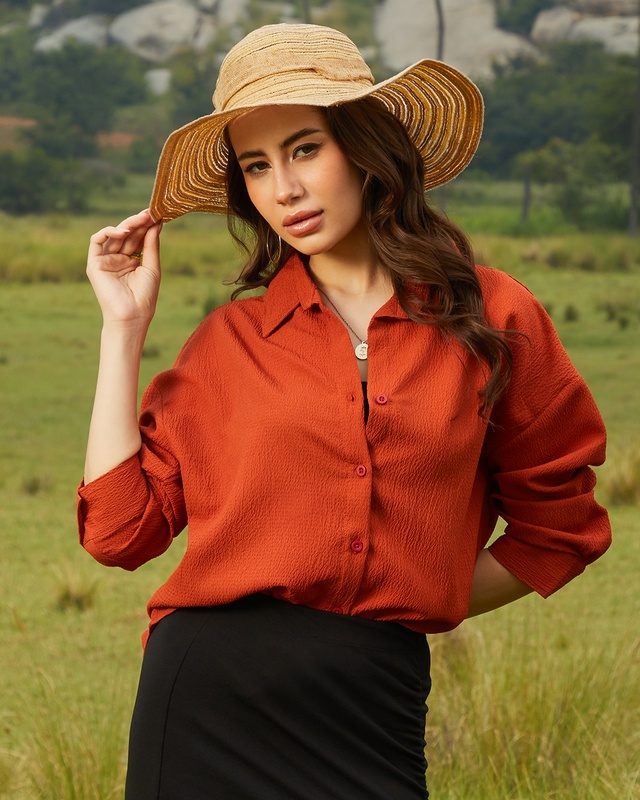 Women's Orange Textured Oversized Shirt