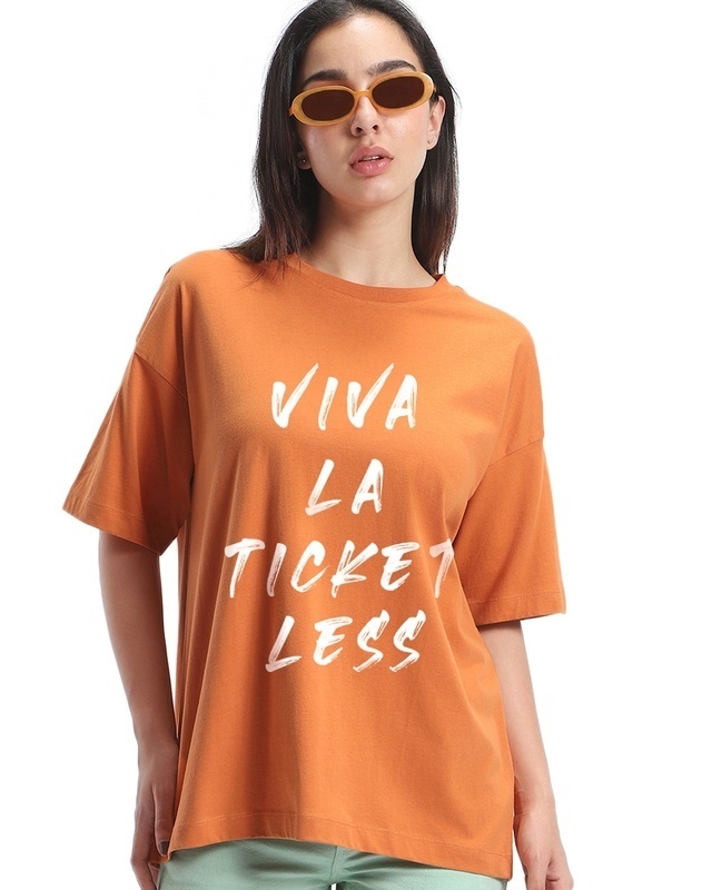 Shop Women's Orange Viva La Typography Oversized T-shirt-Front