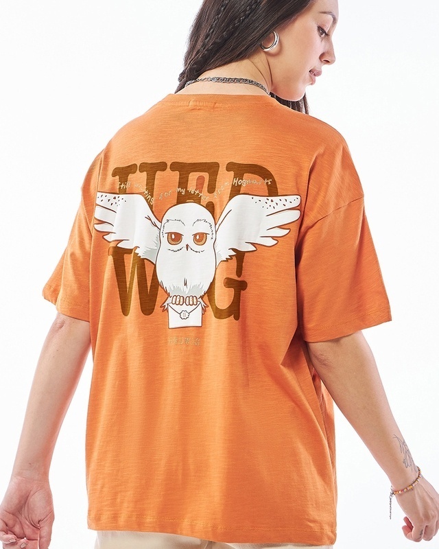 Shop Women's Orange Waiting For My Letters Graphic Printed Oversized T-shirt-Front