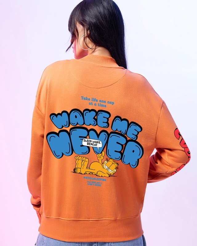 Women's Orange Wake Me Never Graphic Printed Oversized Sweatshirt
