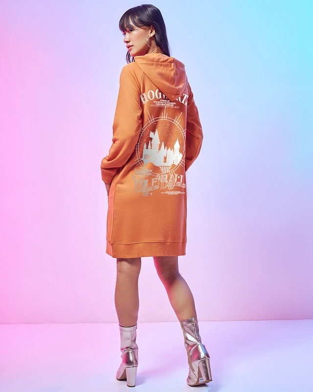 Shop Women's Orange Welcome Home Graphic Printed Hoodie Dress-Front