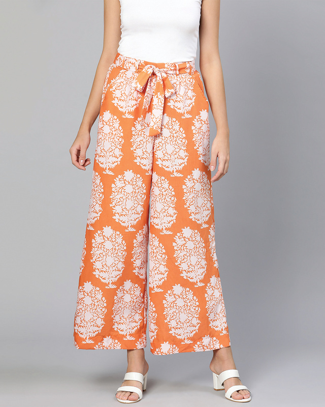 Shop Women's Orange & White All Over Printed Wide Leg Pants-Front