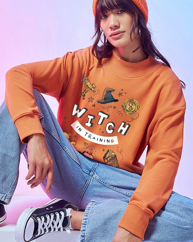 Shop Women's Orange Witch Training Graphic Printed Oversized Sweatshirt-Front