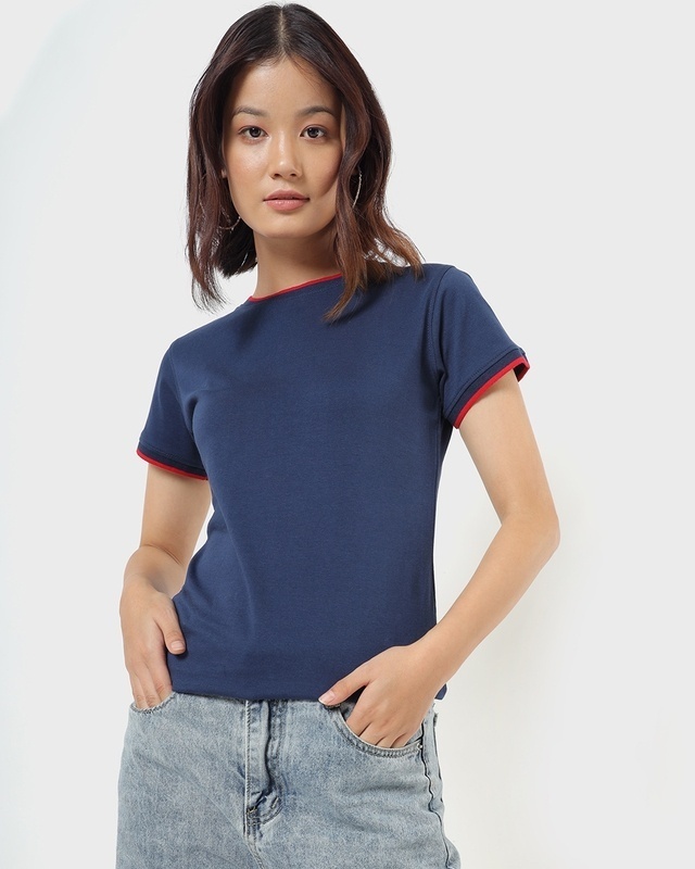 Shop Women's Pageant Blue Varsity Half Sleeve Round Neck T-shirt-Front