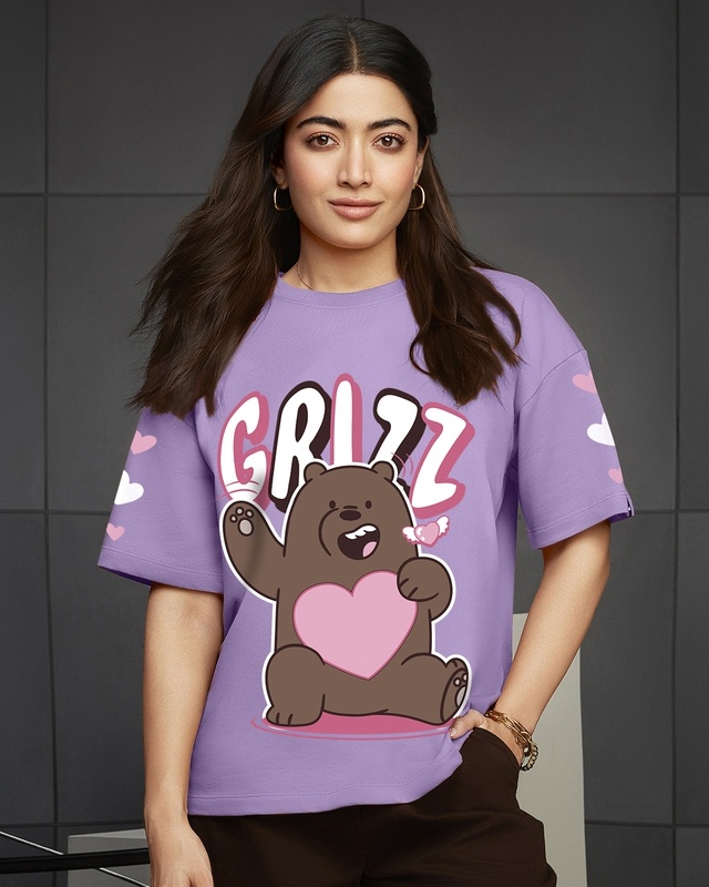 Shop Women's Paisley Purple Grizz Love Graphic Printed Oversized T-shirt-Front