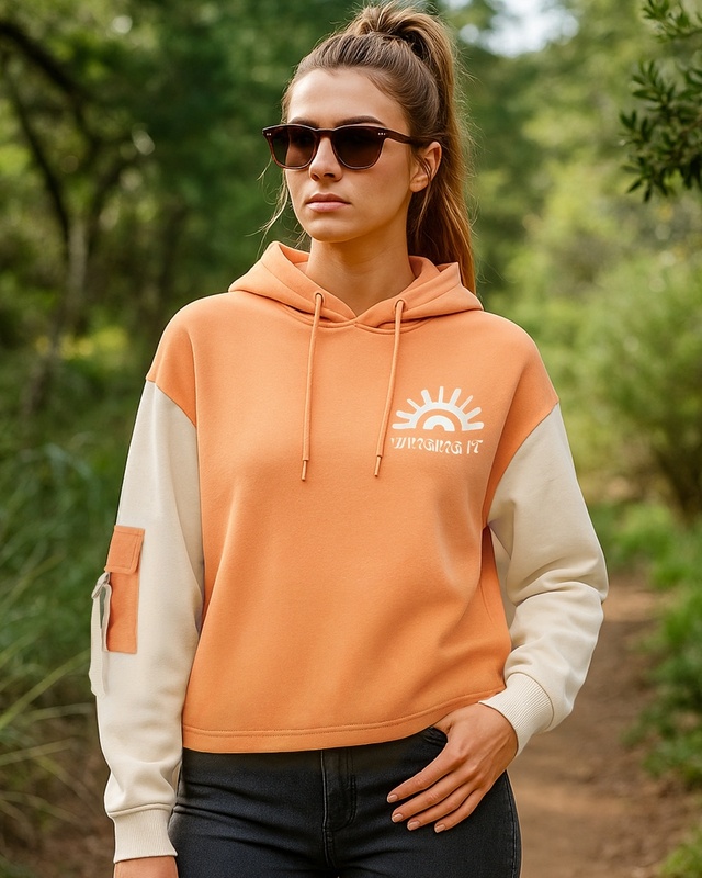 Shop Women's Peach Cobbler & Beige Color Block Oversized Hoodies-Front