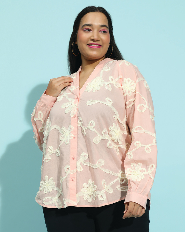 Shop Women's Peach Embroidered Relaxed Fit Plus Size Shirt-Front