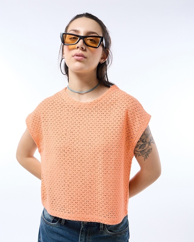 Shop Women's Peach Oversized Crochet Short Top-Front