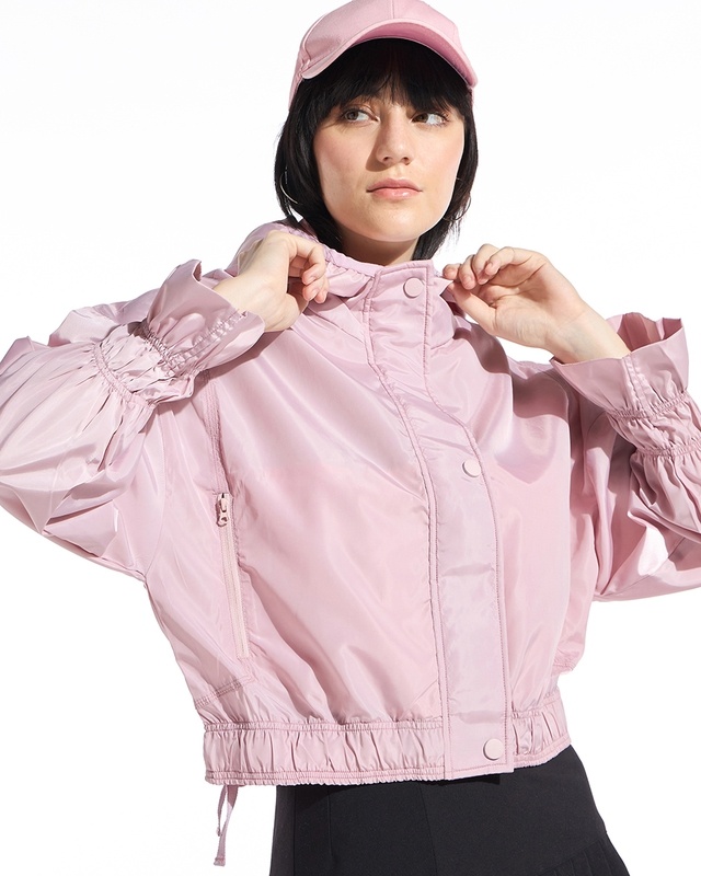 Shop Women's Peach Oversized Hooded Windcheater Jacket-Front