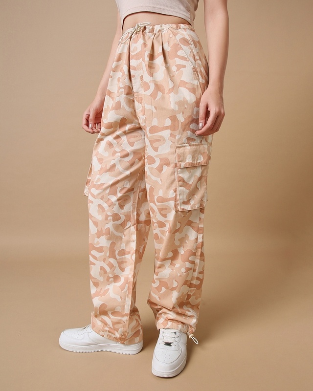 Shop Women's Pink Camouflage Oversized Parachute Pants-Front