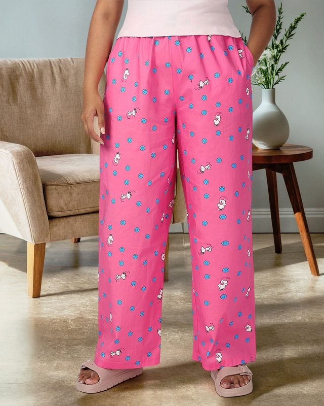 Shop Women's Pink All Over Printed Plus Size Wide Leg Pyjamas-Front