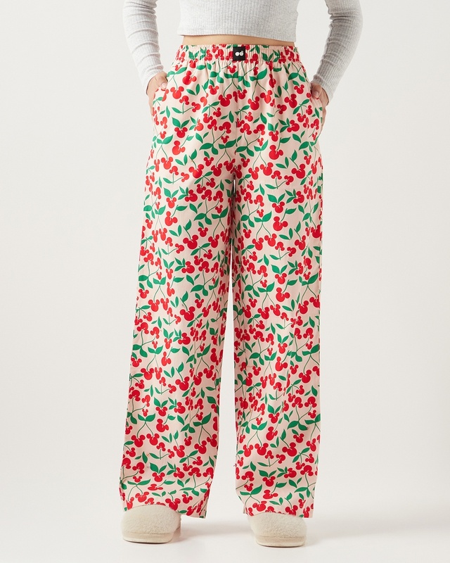 Shop Women's Beige Mickey All Over Printed Plus Size Wide Leg Pyjamas-Front