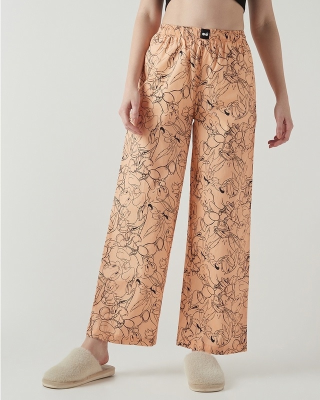 Shop Women's Peach All Over Printed Wide Leg Pyjamas-Front