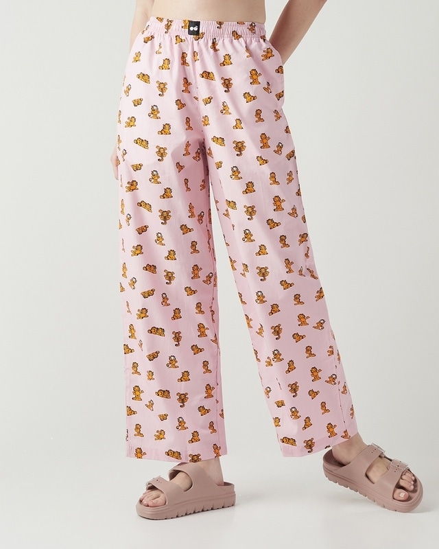 Shop Women's Pink All Over Printed Wide Leg Pyjamas-Front