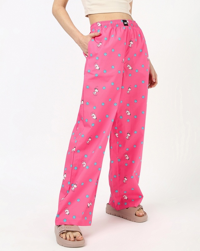 Women's Pink All Over Printed Wide Leg Pyjamas