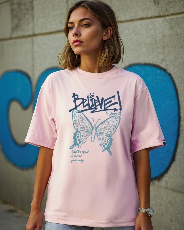 Shop Women's Pink Believe Yourself Graphic Printed Oversized T-shirt-Front