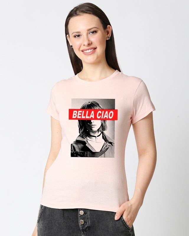 Shop Women's Pink Bella Tokyo Graphic Printed Slim Fit T-shirt-Front