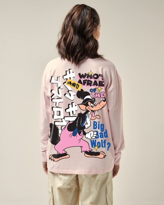 Shop Women's Pink Big Bad Wolf Graphic Printed Oversized T-shirt-Front