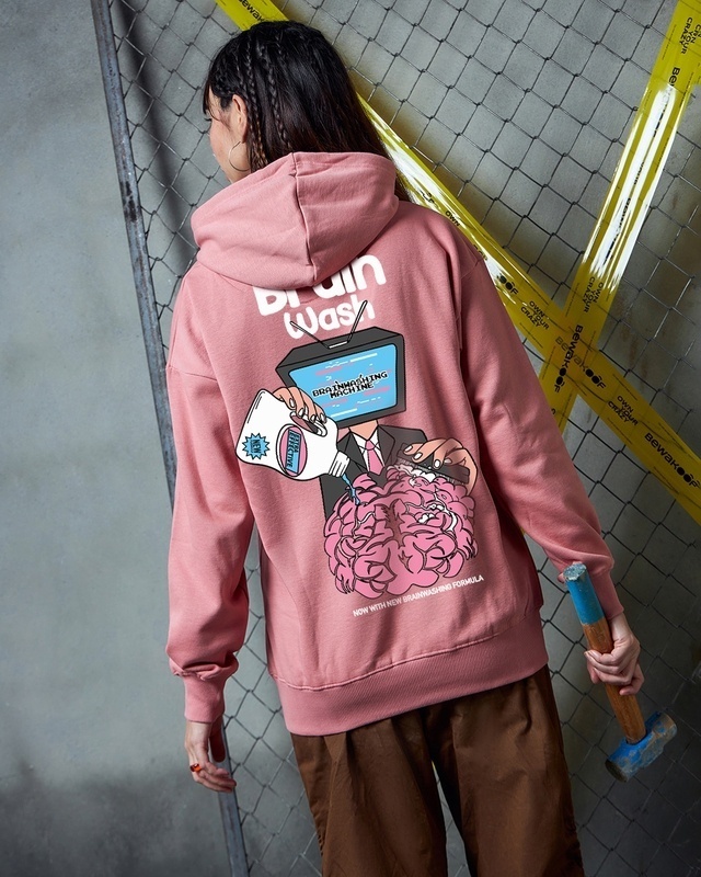 Shop Women's Pink Brain Wash Graphic Printed Oversized Hoodies-Front