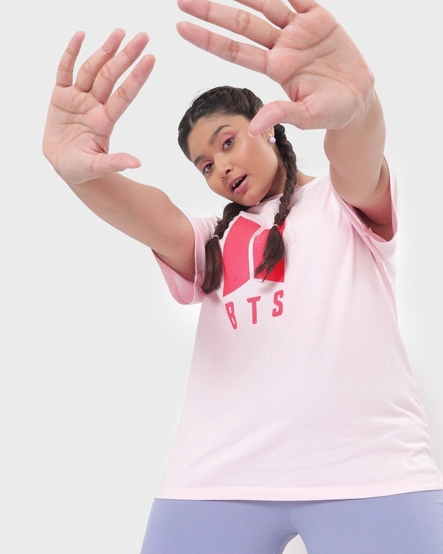 Shop Women's Pink BTS Logo Typography Plus Size Oversized T-shirt-Front