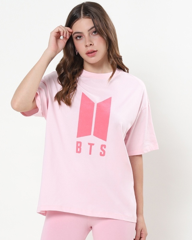 Shop Women's Pink BTS Typography Oversized T-shirt-Front