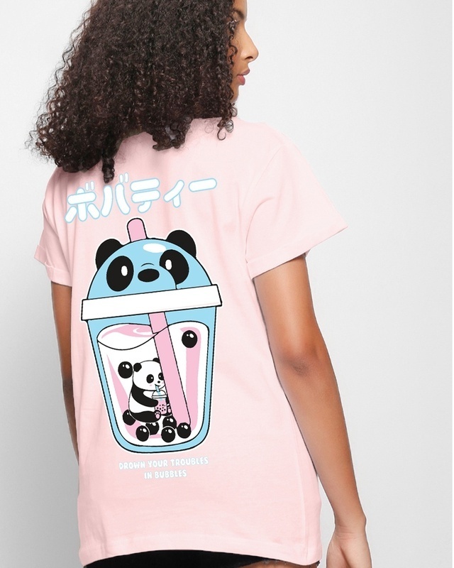 Shop Women's Pink Bubble Panda Graphic Printed Boyfriend T-shirt-Front